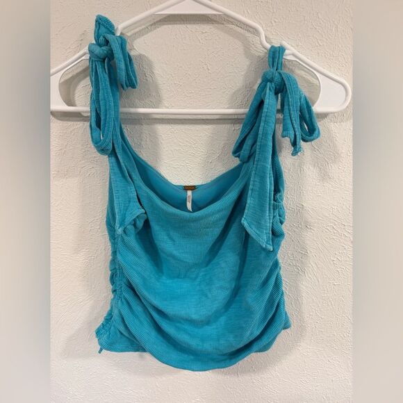 FREE PEOPLE Aqua Boulevard Bow Tie Strap Ruched Sides Tank - Size Small - Picture 3 of 5